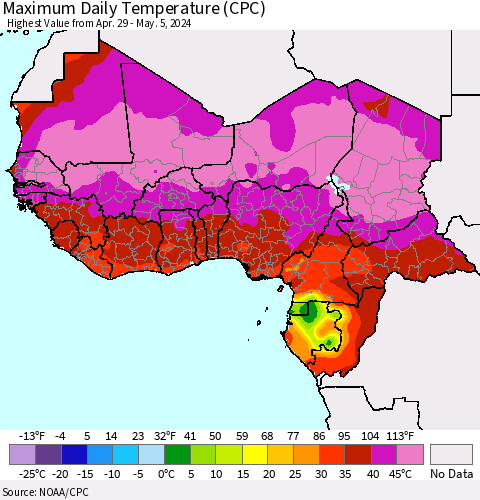 Western Africa Maximum Daily Temperature (CPC) Thematic Map For 4/29/2024 - 5/5/2024