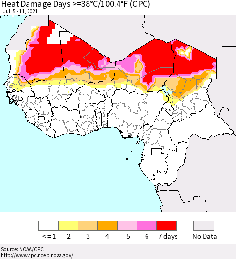 Western Africa Heat Damage Days >=38°C/100°F (CPC) Thematic Map For 7/5/2021 - 7/11/2021