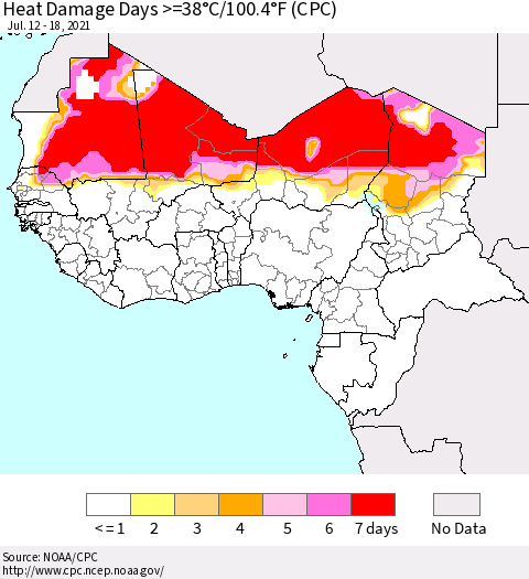 Western Africa Heat Damage Days >=38°C/100°F (CPC) Thematic Map For 7/12/2021 - 7/18/2021
