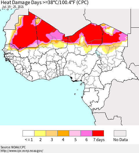 Western Africa Heat Damage Days >=38°C/100°F (CPC) Thematic Map For 7/19/2021 - 7/25/2021