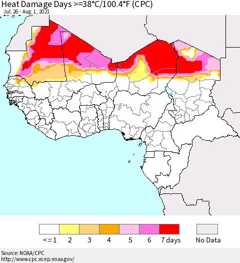 Western Africa Heat Damage Days >=38°C/100°F (CPC) Thematic Map For 7/26/2021 - 8/1/2021