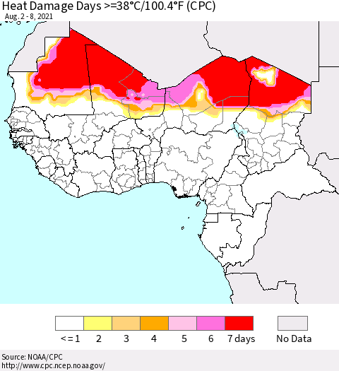 Western Africa Heat Damage Days >=38°C/100°F (CPC) Thematic Map For 8/2/2021 - 8/8/2021