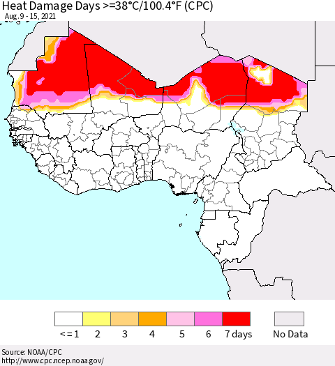 Western Africa Heat Damage Days >=38°C/100°F (CPC) Thematic Map For 8/9/2021 - 8/15/2021
