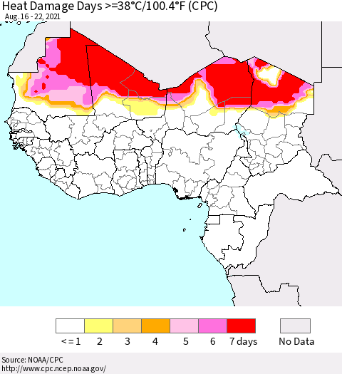 Western Africa Heat Damage Days >=38°C/100°F (CPC) Thematic Map For 8/16/2021 - 8/22/2021