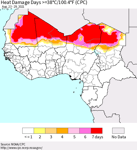 Western Africa Heat Damage Days >=38°C/100°F (CPC) Thematic Map For 8/23/2021 - 8/29/2021