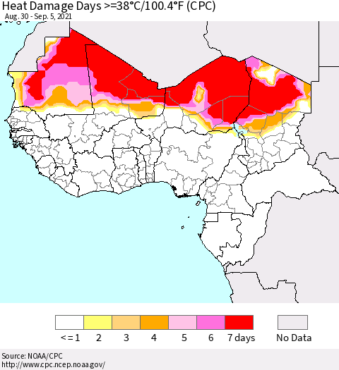Western Africa Heat Damage Days >=38°C/100°F (CPC) Thematic Map For 8/30/2021 - 9/5/2021