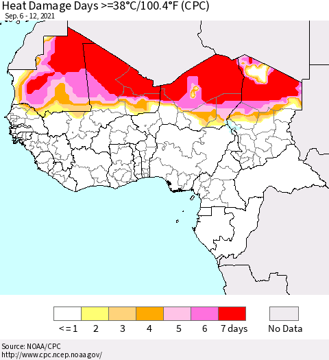 Western Africa Heat Damage Days >=38°C/100°F (CPC) Thematic Map For 9/6/2021 - 9/12/2021