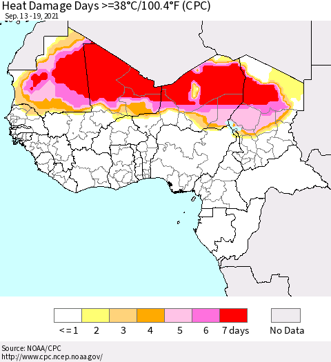 Western Africa Heat Damage Days >=38°C/100°F (CPC) Thematic Map For 9/13/2021 - 9/19/2021