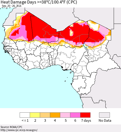 Western Africa Heat Damage Days >=38°C/100°F (CPC) Thematic Map For 9/20/2021 - 9/26/2021