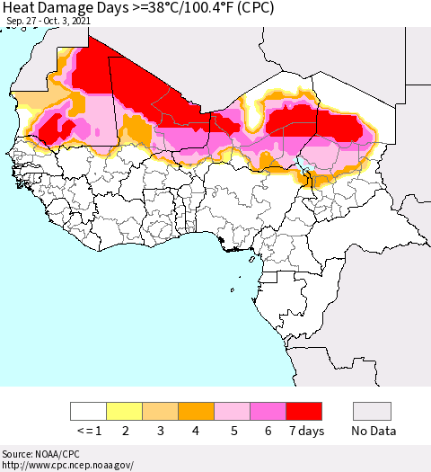 Western Africa Heat Damage Days >=38°C/100°F (CPC) Thematic Map For 9/27/2021 - 10/3/2021