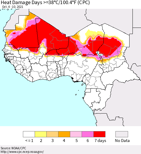 Western Africa Heat Damage Days >=38°C/100°F (CPC) Thematic Map For 10/4/2021 - 10/10/2021