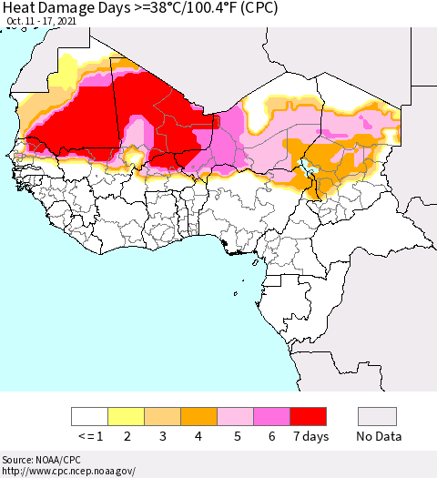 Western Africa Heat Damage Days >=38°C/100°F (CPC) Thematic Map For 10/11/2021 - 10/17/2021