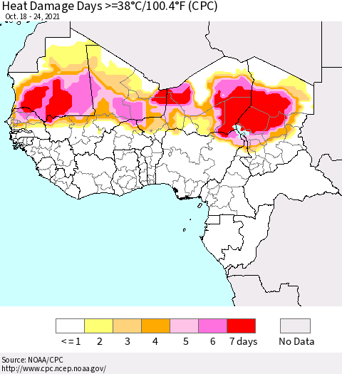 Western Africa Heat Damage Days >=38°C/100°F (CPC) Thematic Map For 10/18/2021 - 10/24/2021