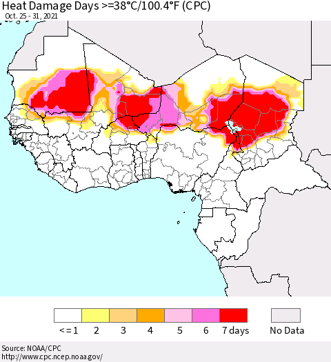 Western Africa Heat Damage Days >=38°C/100°F (CPC) Thematic Map For 10/25/2021 - 10/31/2021