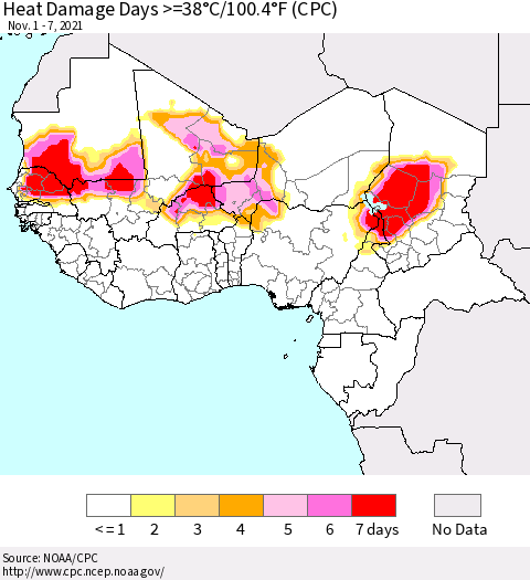Western Africa Heat Damage Days >=38°C/100°F (CPC) Thematic Map For 11/1/2021 - 11/7/2021