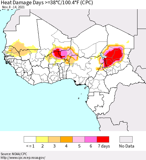 Western Africa Heat Damage Days >=38°C/100°F (CPC) Thematic Map For 11/8/2021 - 11/14/2021