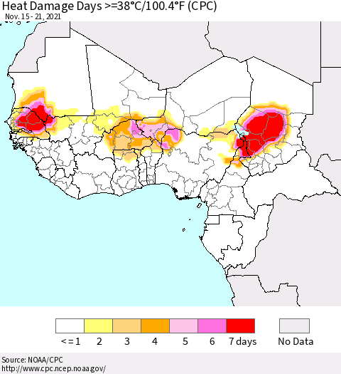 Western Africa Heat Damage Days >=38°C/100°F (CPC) Thematic Map For 11/15/2021 - 11/21/2021