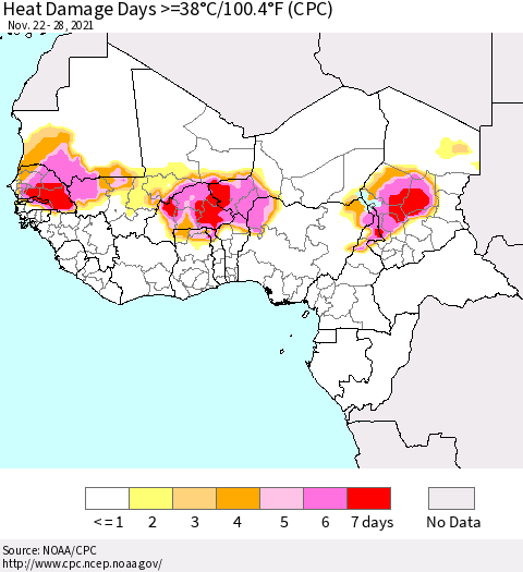 Western Africa Heat Damage Days >=38°C/100°F (CPC) Thematic Map For 11/22/2021 - 11/28/2021