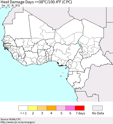 Western Africa Heat Damage Days >=38°C/100°F (CPC) Thematic Map For 12/20/2021 - 12/26/2021