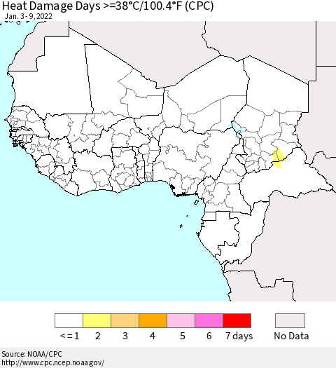 Western Africa Heat Damage Days >=38°C/100°F (CPC) Thematic Map For 1/3/2022 - 1/9/2022
