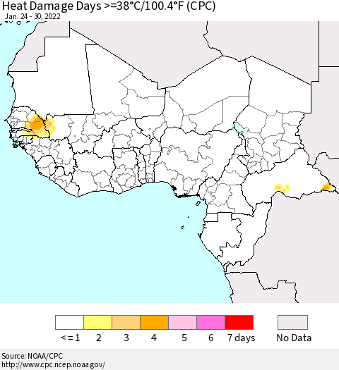 Western Africa Heat Damage Days >=38°C/100°F (CPC) Thematic Map For 1/24/2022 - 1/30/2022