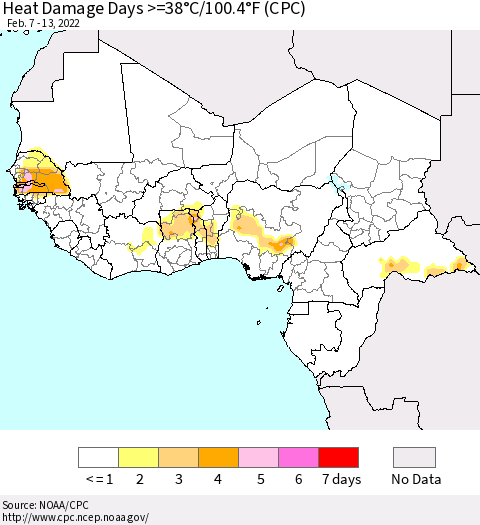Western Africa Heat Damage Days >=38°C/100°F (CPC) Thematic Map For 2/7/2022 - 2/13/2022