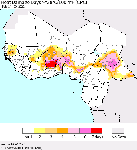 Western Africa Heat Damage Days >=38°C/100°F (CPC) Thematic Map For 2/14/2022 - 2/20/2022