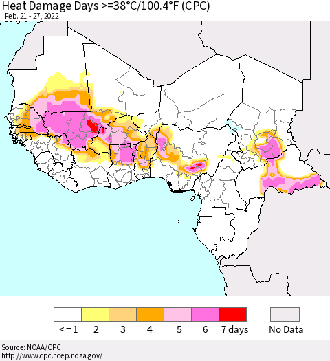 Western Africa Heat Damage Days >=38°C/100°F (CPC) Thematic Map For 2/21/2022 - 2/27/2022