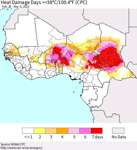 Western Africa Heat Damage Days >=38°C/100°F (CPC) Thematic Map For 2/28/2022 - 3/6/2022