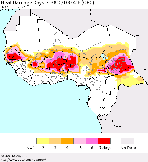 Western Africa Heat Damage Days >=38°C/100°F (CPC) Thematic Map For 3/7/2022 - 3/13/2022