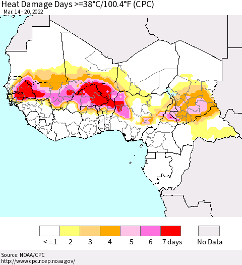 Western Africa Heat Damage Days >=38°C/100°F (CPC) Thematic Map For 3/14/2022 - 3/20/2022