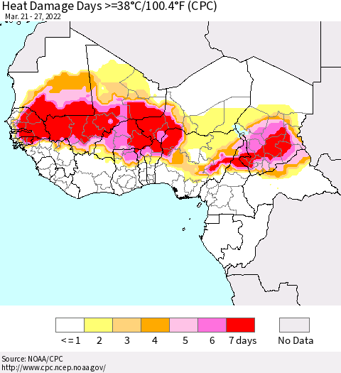 Western Africa Heat Damage Days >=38°C/100°F (CPC) Thematic Map For 3/21/2022 - 3/27/2022