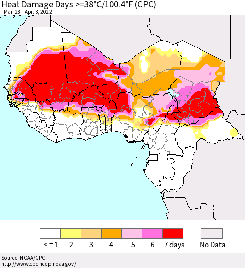 Western Africa Heat Damage Days >=38°C/100°F (CPC) Thematic Map For 3/28/2022 - 4/3/2022