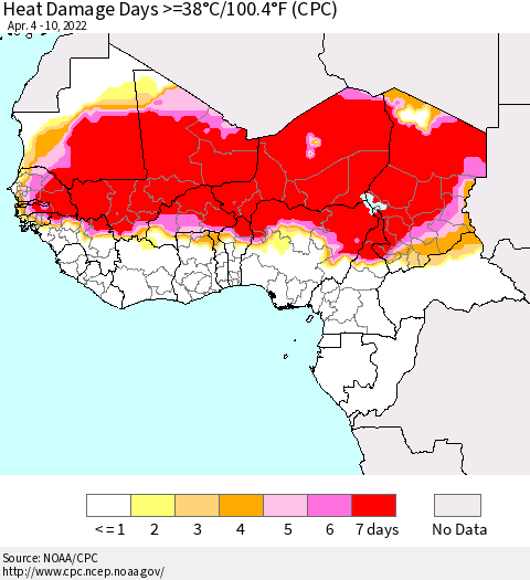 Western Africa Heat Damage Days >=38°C/100°F (CPC) Thematic Map For 4/4/2022 - 4/10/2022