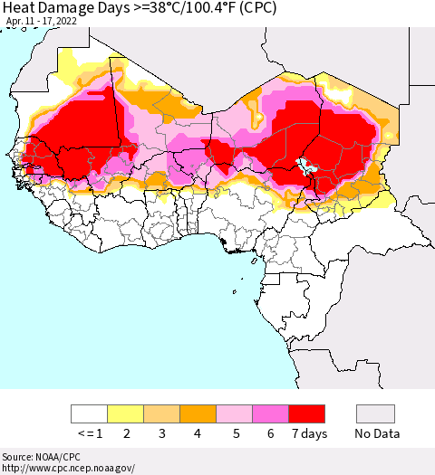 Western Africa Heat Damage Days >=38°C/100°F (CPC) Thematic Map For 4/11/2022 - 4/17/2022