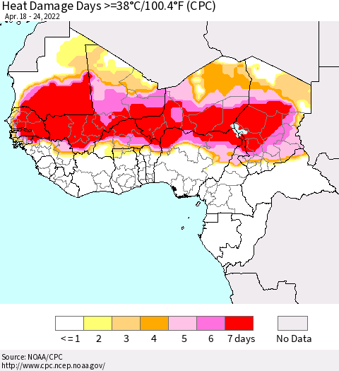 Western Africa Heat Damage Days >=38°C/100°F (CPC) Thematic Map For 4/18/2022 - 4/24/2022