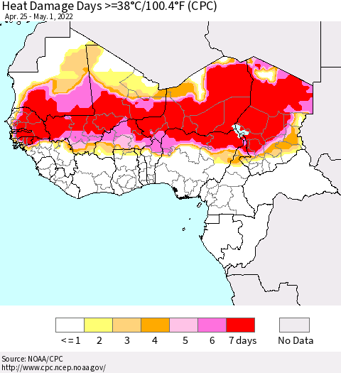 Western Africa Heat Damage Days >=38°C/100°F (CPC) Thematic Map For 4/25/2022 - 5/1/2022