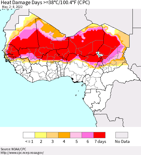 Western Africa Heat Damage Days >=38°C/100°F (CPC) Thematic Map For 5/2/2022 - 5/8/2022