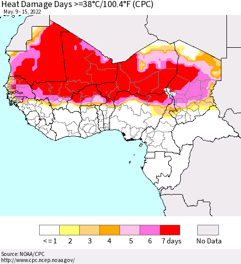Western Africa Heat Damage Days >=38°C/100°F (CPC) Thematic Map For 5/9/2022 - 5/15/2022