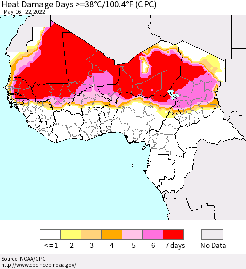 Western Africa Heat Damage Days >=38°C/100°F (CPC) Thematic Map For 5/16/2022 - 5/22/2022
