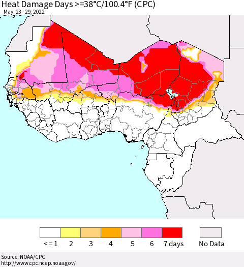 Western Africa Heat Damage Days >=38°C/100°F (CPC) Thematic Map For 5/23/2022 - 5/29/2022