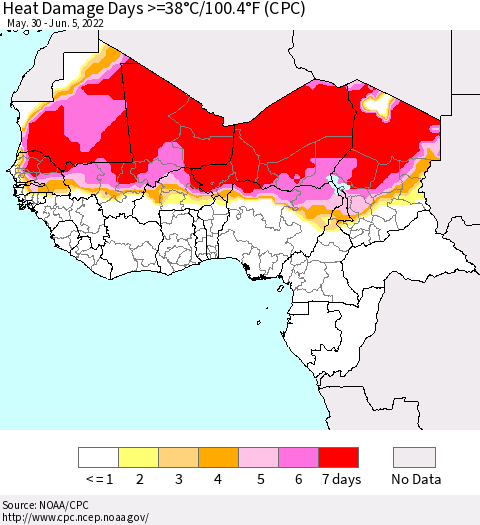 Western Africa Heat Damage Days >=38°C/100°F (CPC) Thematic Map For 5/30/2022 - 6/5/2022