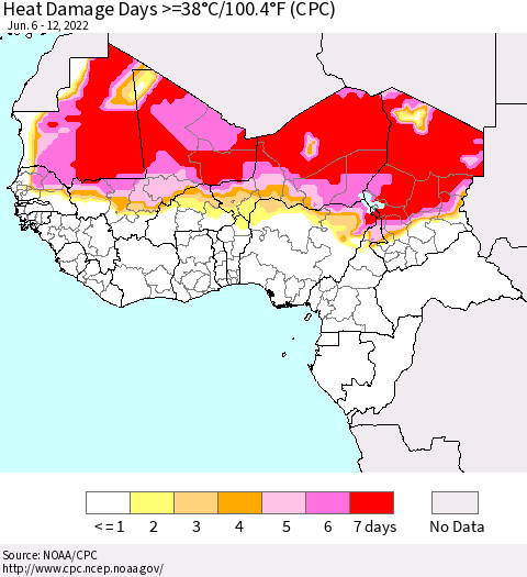 Western Africa Heat Damage Days >=38°C/100°F (CPC) Thematic Map For 6/6/2022 - 6/12/2022