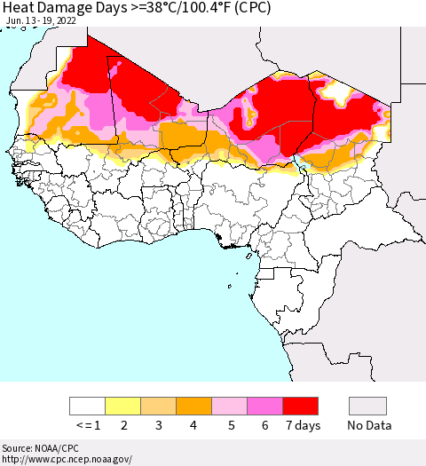 Western Africa Heat Damage Days >=38°C/100°F (CPC) Thematic Map For 6/13/2022 - 6/19/2022