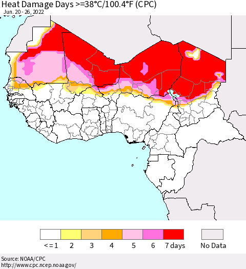 Western Africa Heat Damage Days >=38°C/100°F (CPC) Thematic Map For 6/20/2022 - 6/26/2022