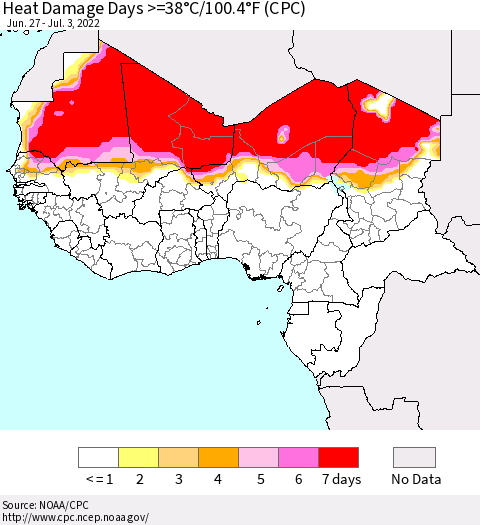 Western Africa Heat Damage Days >=38°C/100°F (CPC) Thematic Map For 6/27/2022 - 7/3/2022