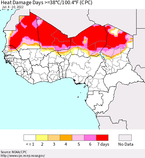 Western Africa Heat Damage Days >=38°C/100°F (CPC) Thematic Map For 7/4/2022 - 7/10/2022