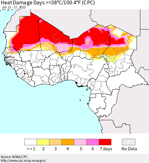 Western Africa Heat Damage Days >=38°C/100°F (CPC) Thematic Map For 7/11/2022 - 7/17/2022
