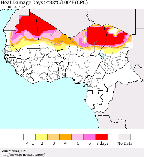 Western Africa Heat Damage Days >=38°C/100°F (CPC) Thematic Map For 7/18/2022 - 7/24/2022