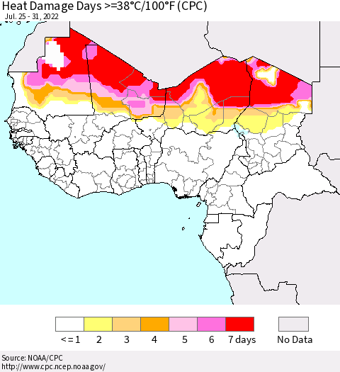 Western Africa Heat Damage Days >=38°C/100°F (CPC) Thematic Map For 7/25/2022 - 7/31/2022